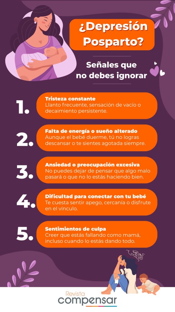 Infografía con 5 señales de alerta de la depresión posparto: tristeza, falta de energía, ansiedad, dificultad de apego y culpa.