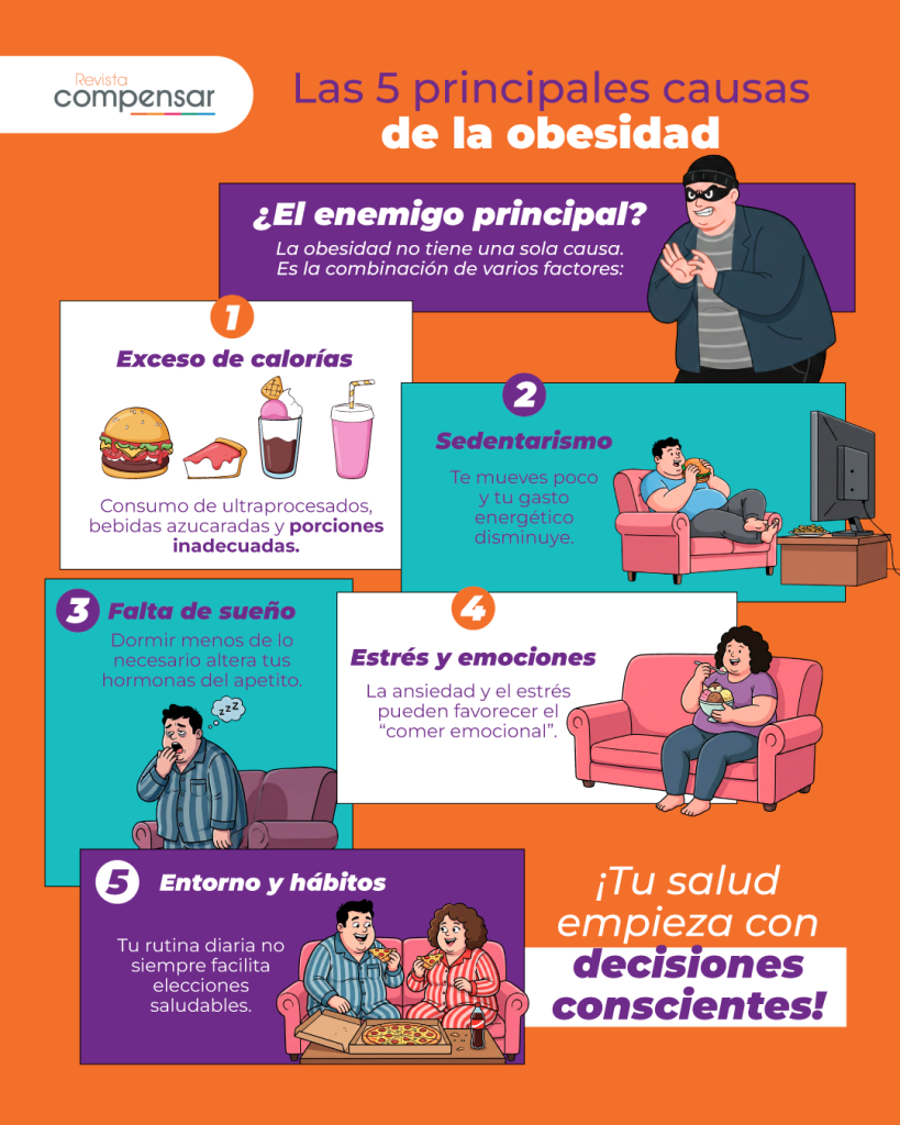 Infografia de las 5 principales causas de la obesidad, las cuales llevan a tener diferentes grados de obesidad.